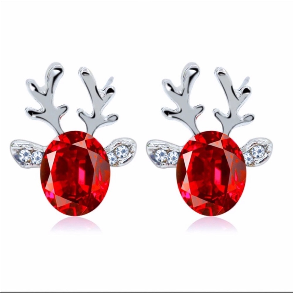 RED STONE REINDEER EARRINGS WITH SILVER TONE NEW